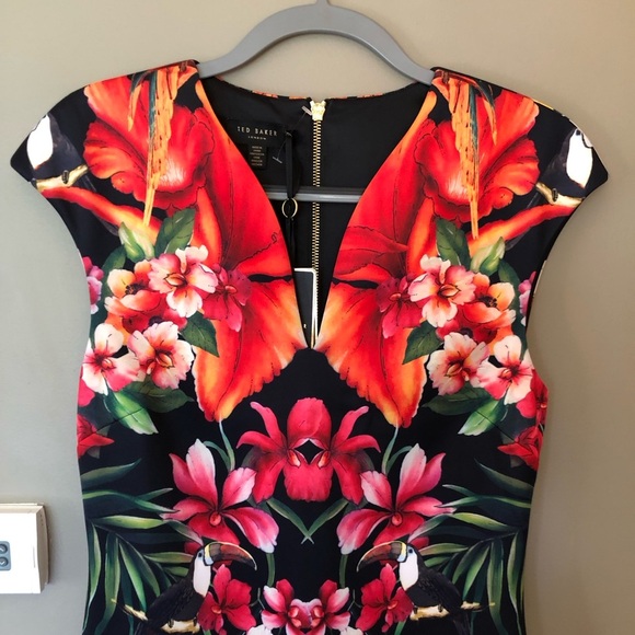 NWT TED BAKER •Rare• Bismii Tropical Toucan Midi Dress Ted Sz 4 - US 10 - Picture 7 of 15